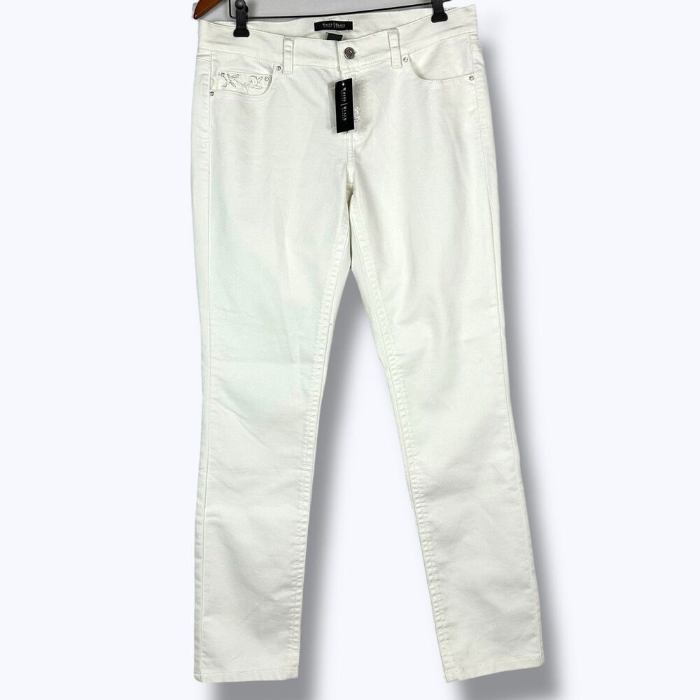 White House Black Market Jeans *Women Sz 10R Noir White Gem Embroidered Slim Leg